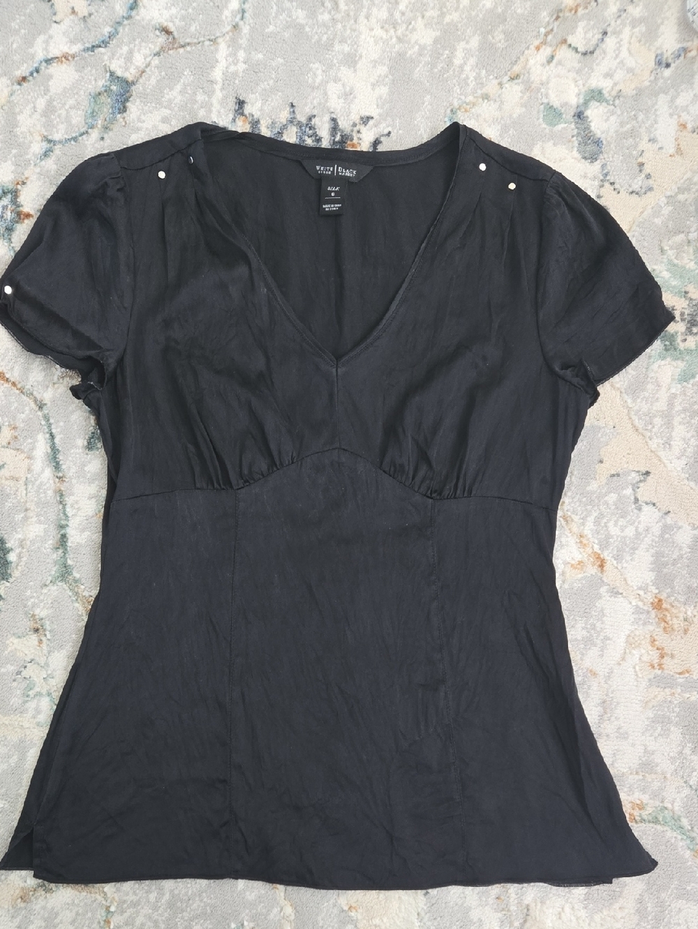 White House Black Market Black V-Neck Short Sleeve Silk Top with Stud Details